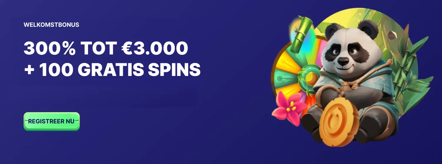 Welkomstbonus 300% tot €3000 + 100 gratis spins met panda en bamboe