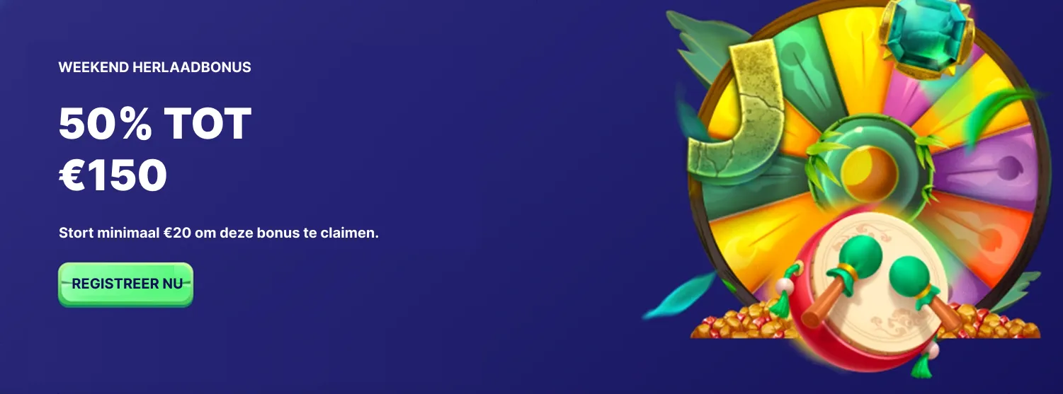Weekendbonus 50% tot €150 met kleurrijk bonusrad en promotietekst