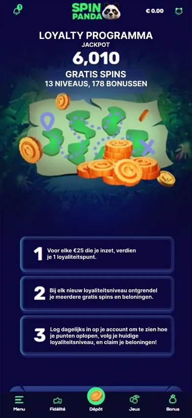 Loyaliteitsprogramma overzicht met 6010 spins en 13 niveaus