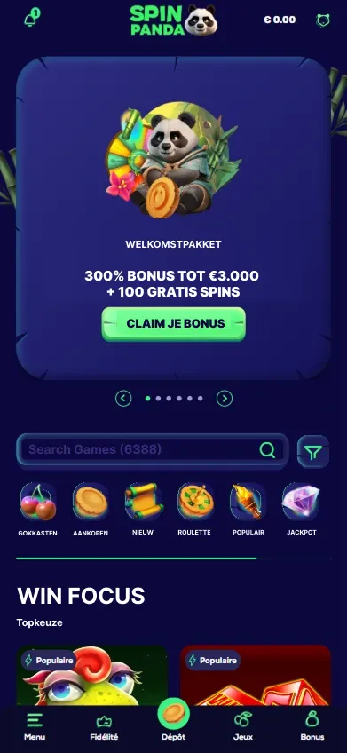 Mobiel dashboard met welkomstpakket 300% bonus