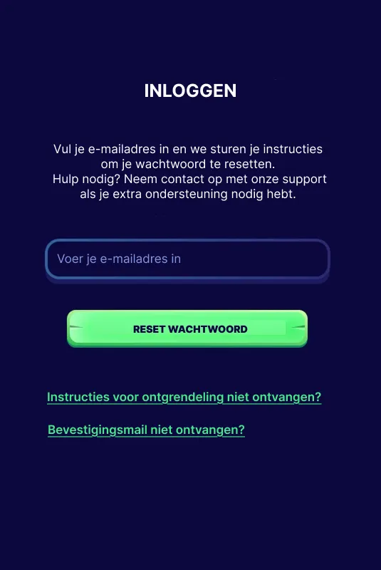 Wachtwoord resetformulier voor inloggen bij Spinpanda met e-mailveld en resetknop