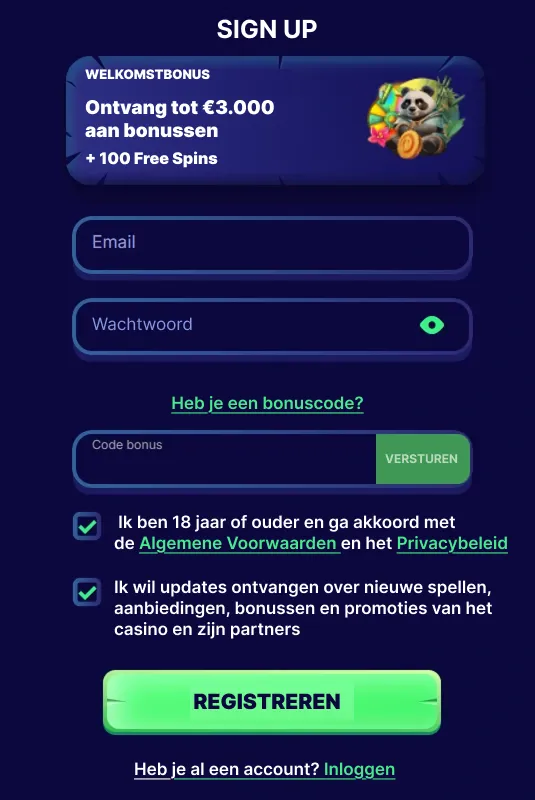 Registratieformulier met bonus van €3000 en 100 gratis spins, invulvelden en verzendknop